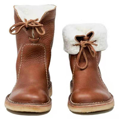 Fleece lace flat snow boots