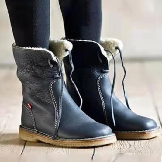 Fleece lace flat snow boots